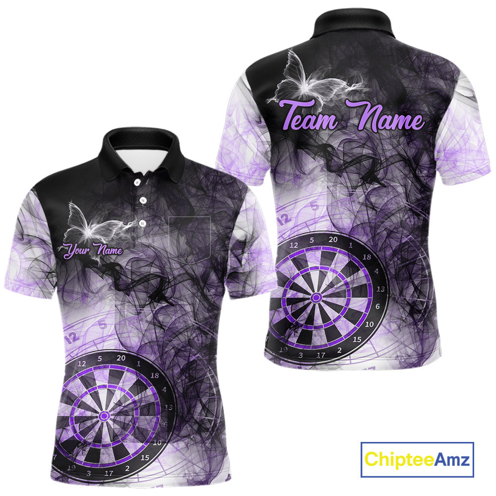 Purple butterfly smoke darts polo shirt with left chest pocket for men featuring custom darts team graphics.