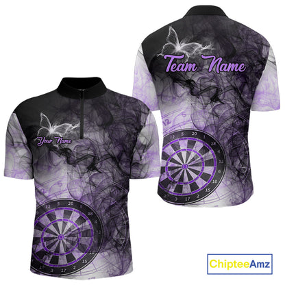Purple butterfly smoke darts quarter zip shirt for men designed for league tournaments and team events.