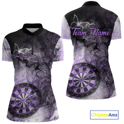 Purple butterfly smoke darts quarter zip shirt with left chest pocket for women featuring custom darts team graphics.