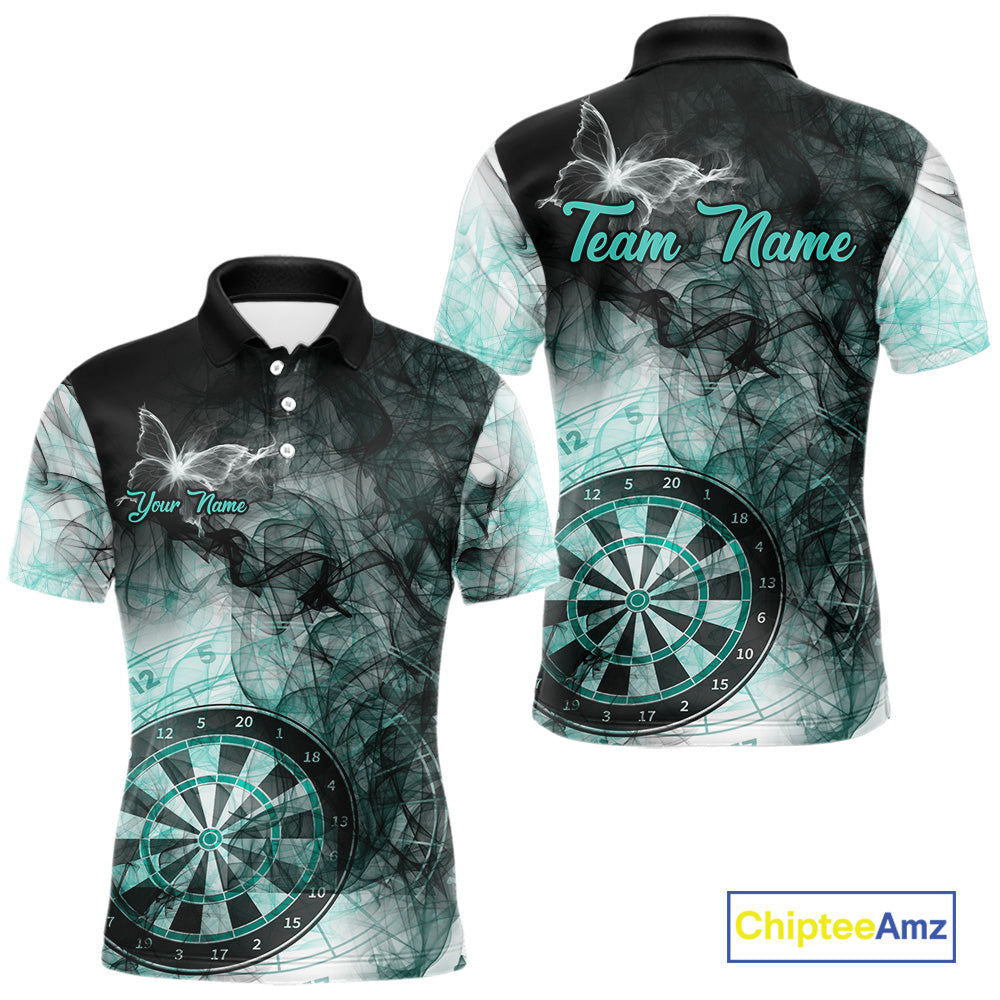Turquoise butterfly smoke darts polo shirt for men with custom darts team graphics.