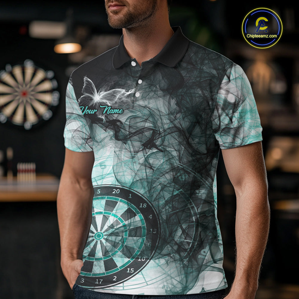 Man wearing a turquoise butterfly smoke darts jersey front view.