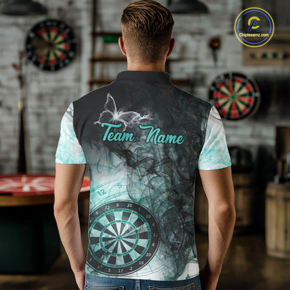 Back view of man wearing a turquoise butterfly smoke darts shirt.