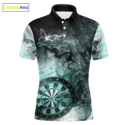 Turquoise butterfly smoke darts polo shirt for men with custom darts team graphics.