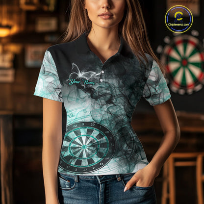 Woman wearing a turquoise butterfly smoke darts jersey front view.