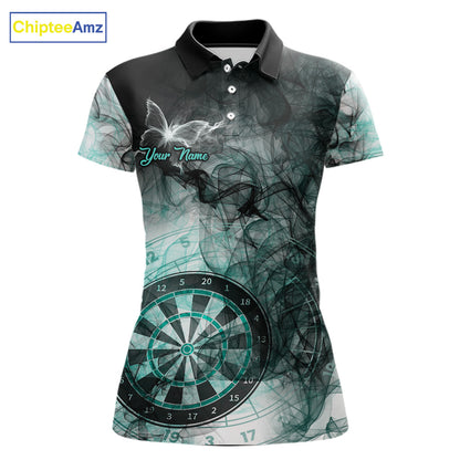 Turquoise butterfly smoke darts polo shirt for women with custom darts team graphics.