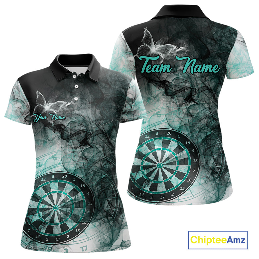 Turquoise butterfly smoke darts polo shirt with left chest pocket for women featuring custom darts team graphics.