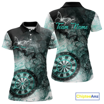 Turquoise butterfly smoke darts polo shirt with left chest pocket for women featuring custom darts team graphics.