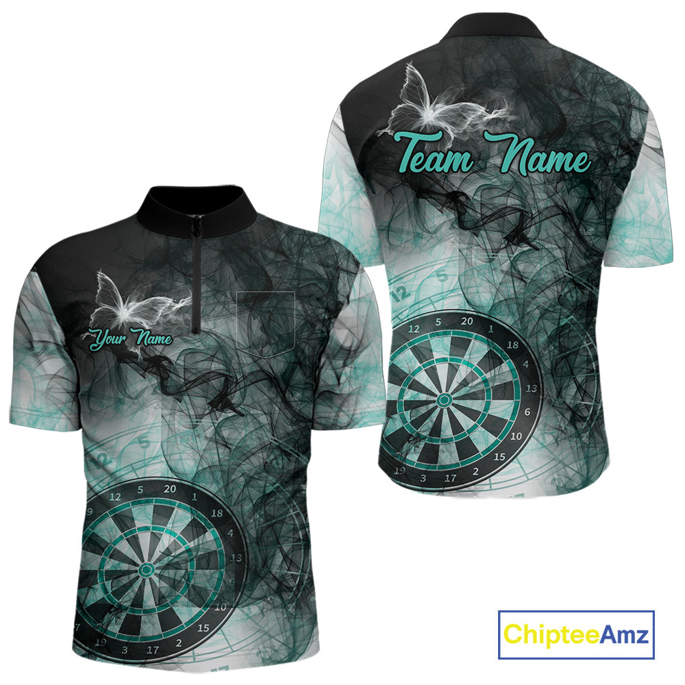 Turquoise butterfly smoke darts quarter zip shirt with left chest pocket for men featuring custom darts team graphics.