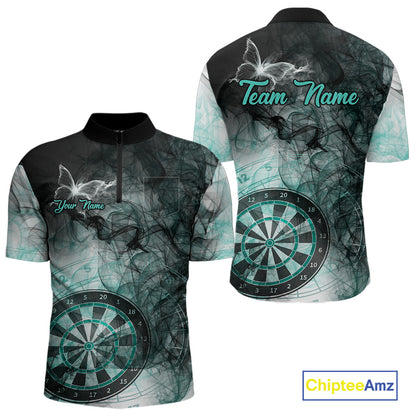 Turquoise butterfly smoke darts quarter zip shirt with left chest pocket for men featuring custom darts team graphics.