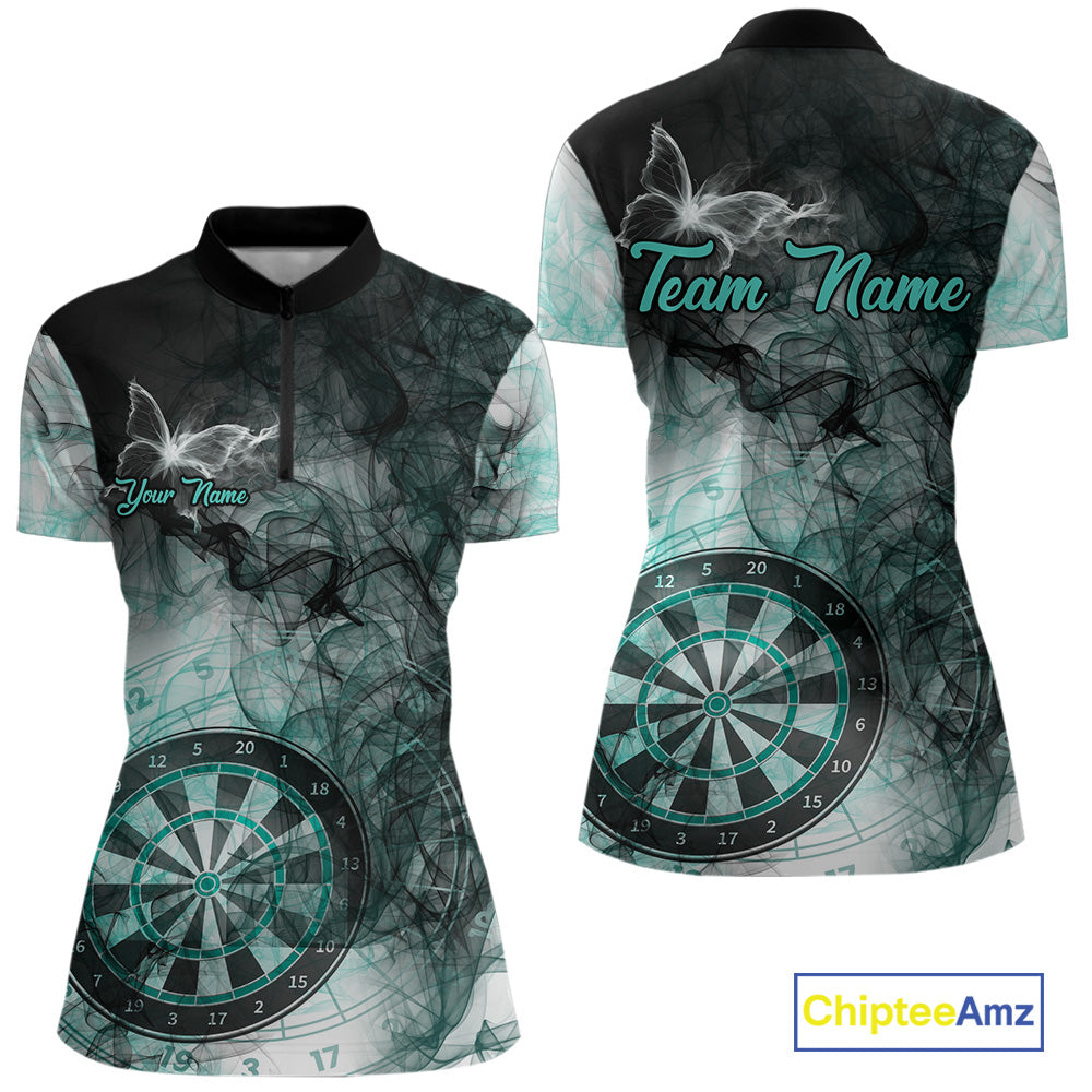 Turquoise butterfly smoke darts quarter zip shirt for women designed for league tournaments and team events.