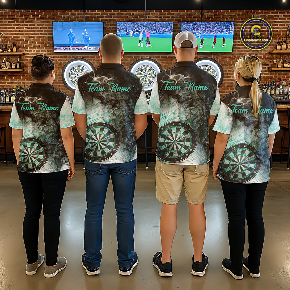 Back view of darts players wearing matching turquoise butterfly smoke darts shirts.
