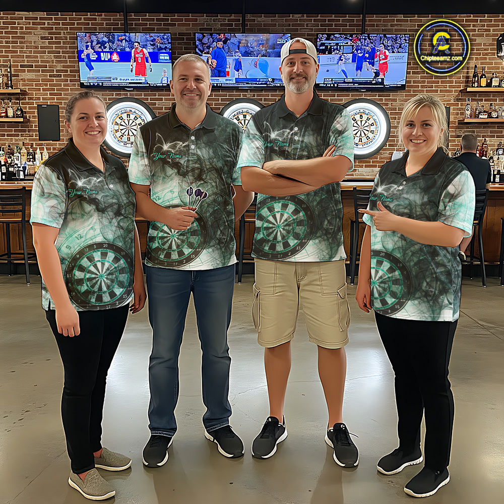 Darts team wearing matching turquoise butterfly smoke darts jerseys during league competition front view.