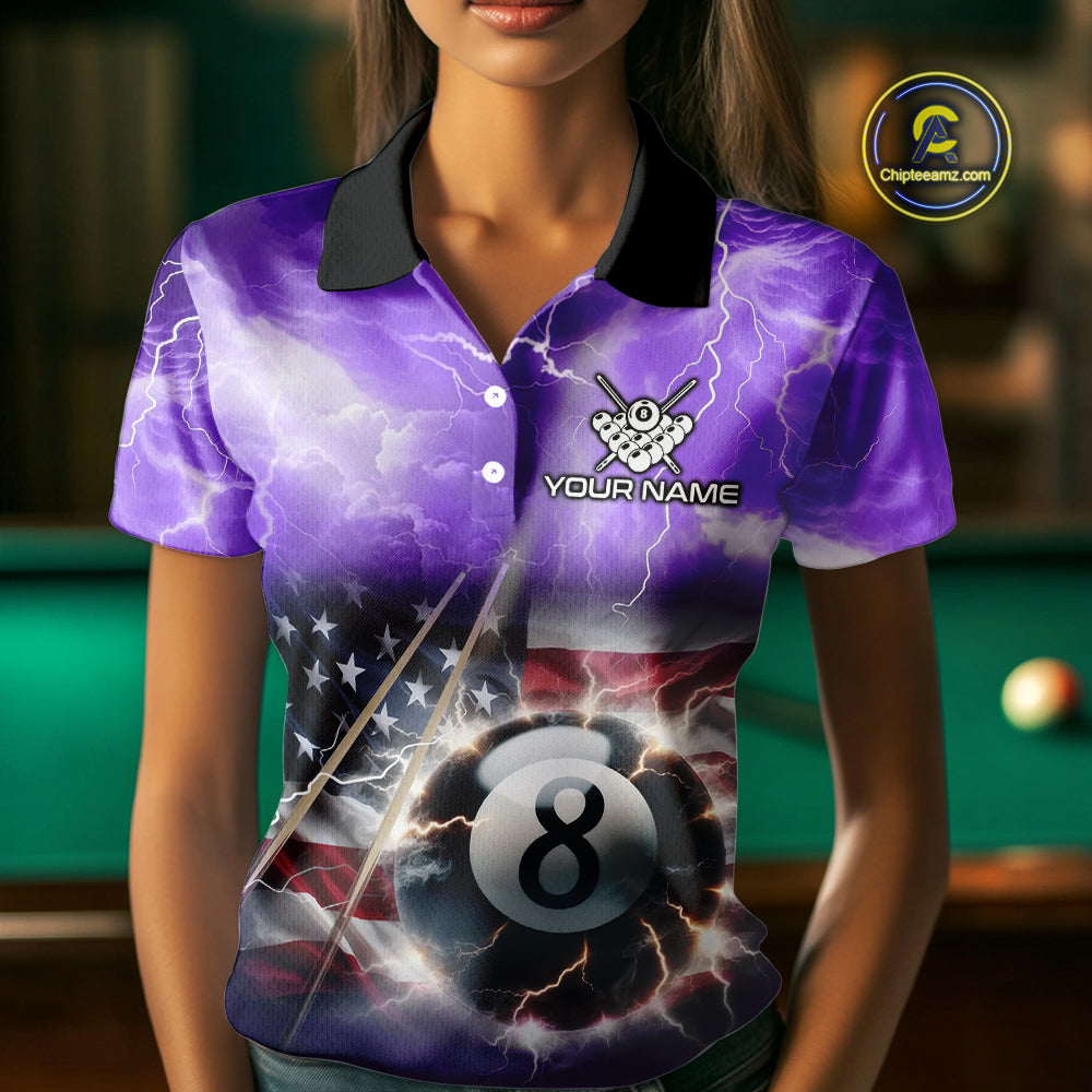 Purple American Flag Thunder Lightning 8 Ball Billiard Shirt For Women Custom Pool Team Jersey TDM4611