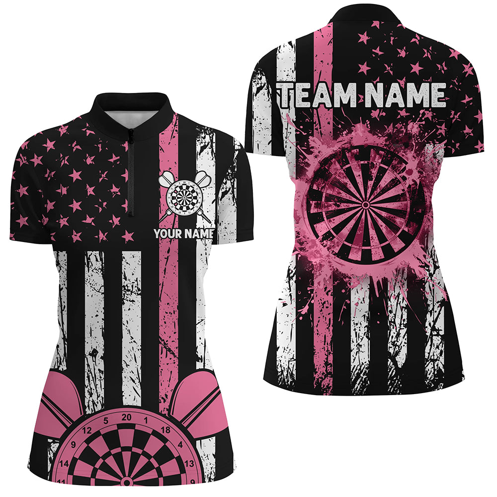 Custom Pink Grunge American Flag Patriotic Darts Shirts For Women Darts Tournament Jersey Retro Style TDM2532