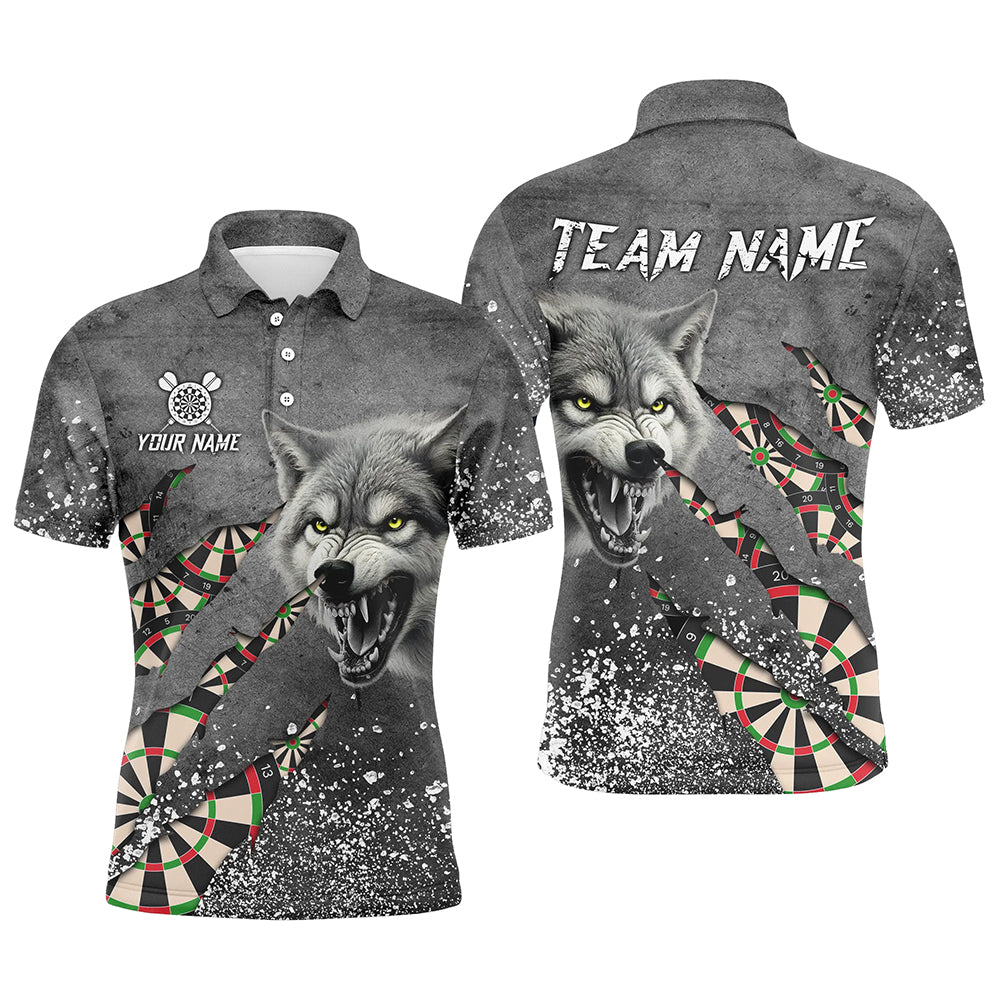 Personalized Grey Grunge Wolf Dart Shirts For Men, Darts League Team Shirts Cool Dart Jerseys TDM3317