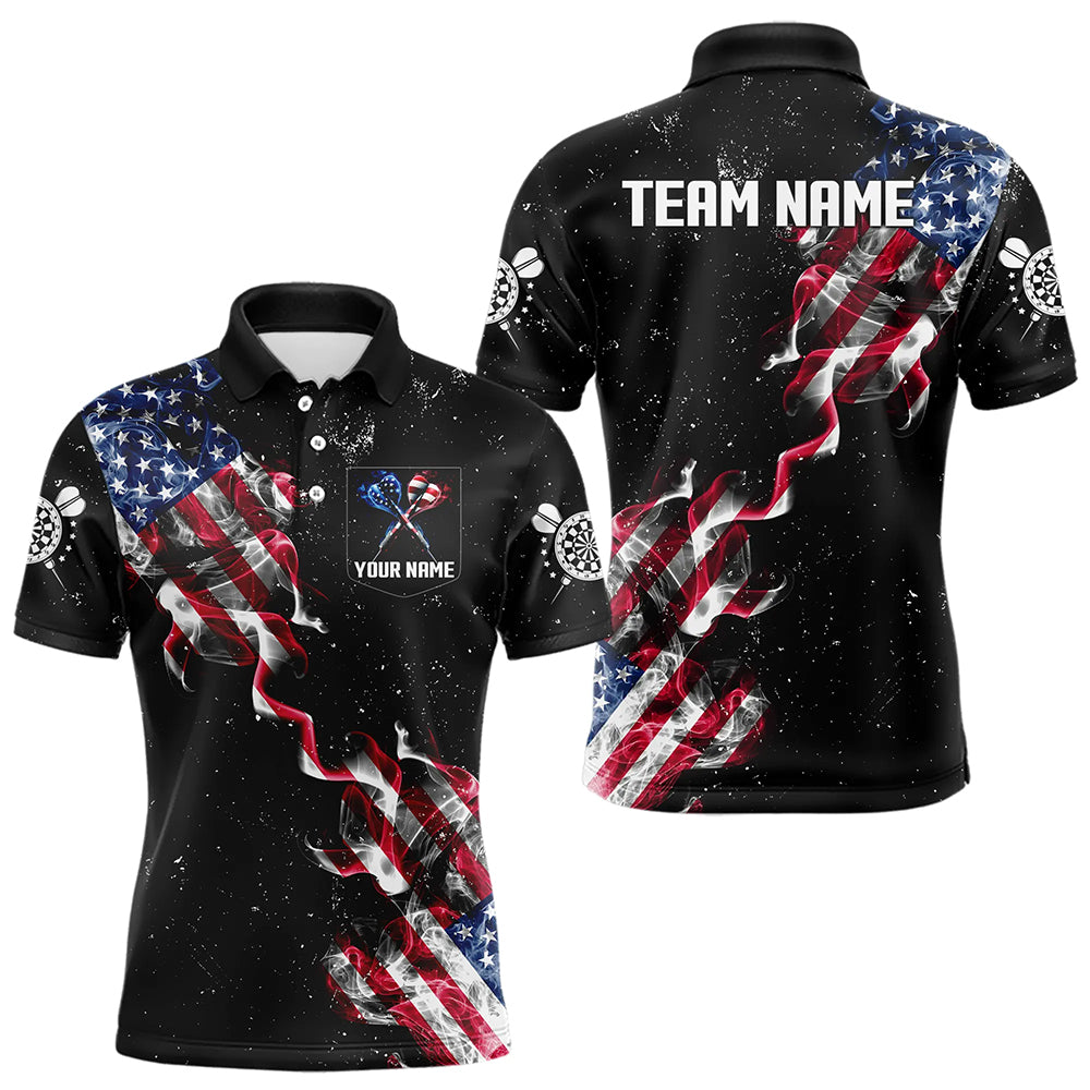 Custom US Flag Smoke Men's Darts Shirt With Pocket, Patriotic Darts Jersey TDM3455