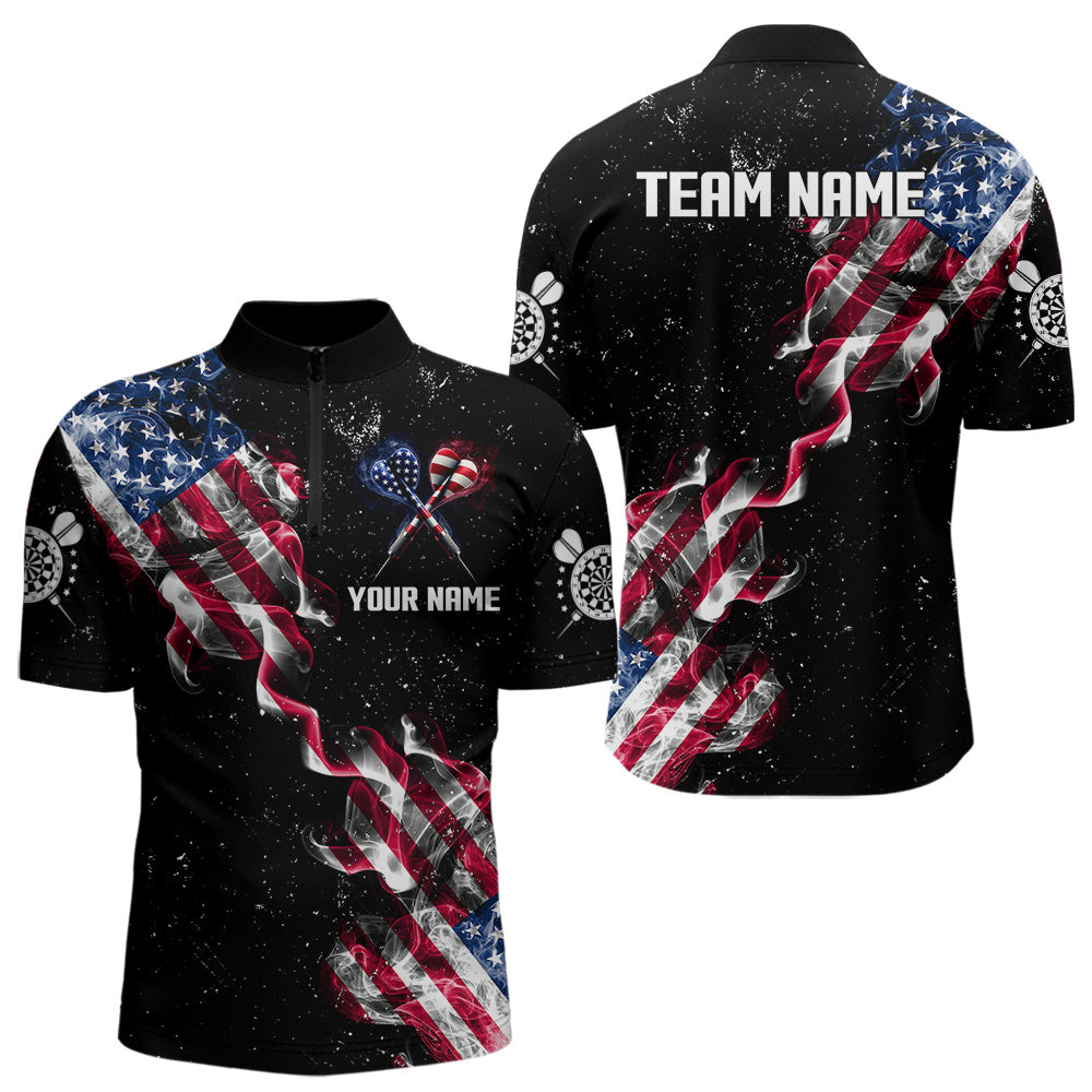 Customized Grunge US Flag Smoke Darts Polo & Quarter-Zip Shirts, Patriotic Darts Jerseys For Men TDM3455