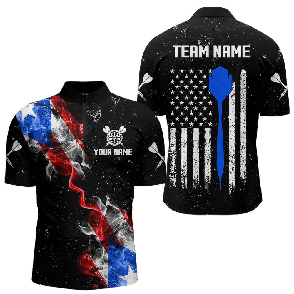 Smoke Puerto Rico US Flag Custom Darts Shirt For Men, Patriotic Darts Jersey Team Polo & 1/4 Zip TDM3456