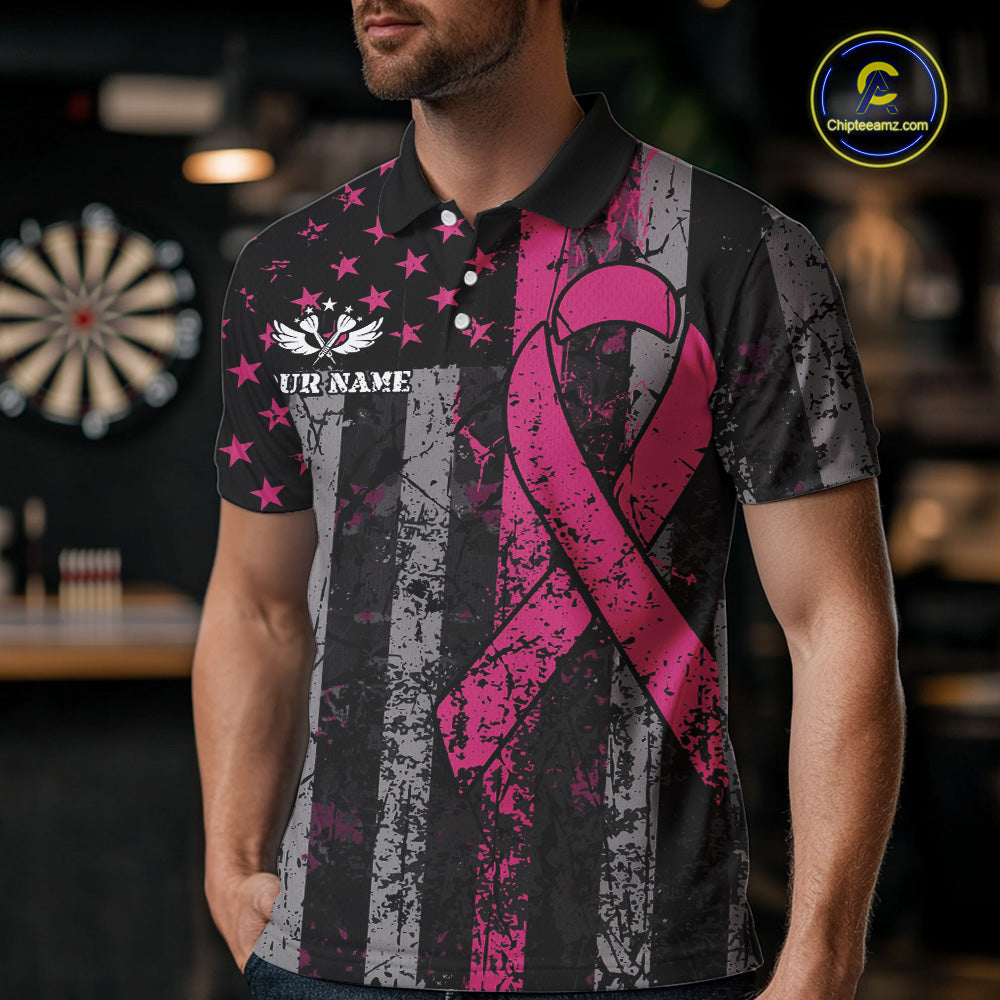 Custom Pink Ribbon Grunge American Flag Patriotic Darts Shirt For Men, Breast Cancer Darts Jersey TDM4623