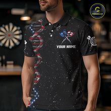 Load image into Gallery viewer, Custom Men's Black Grunge DNA American Flag Smoke Darts Shirt, Patriotic Dart Jersey Polo, 1/4 Zip TDM4628