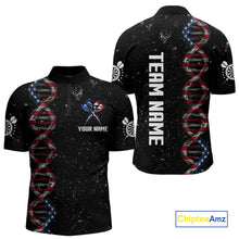Load image into Gallery viewer, Custom Men's Black Grunge DNA American Flag Smoke Darts Shirt, Patriotic Dart Jersey Polo, 1/4 Zip TDM4628