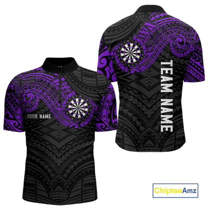 Personalized Black And Purple Tribal Darts Shirt For Men Custom Darts Jersey Team Polo & 1/4 Zip TDM4825