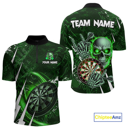 Green 3D Skull Darts Polo & 1/4 Zip For Men Custom Darts League Team Jersey, Best Darts Gifts TDM4829
