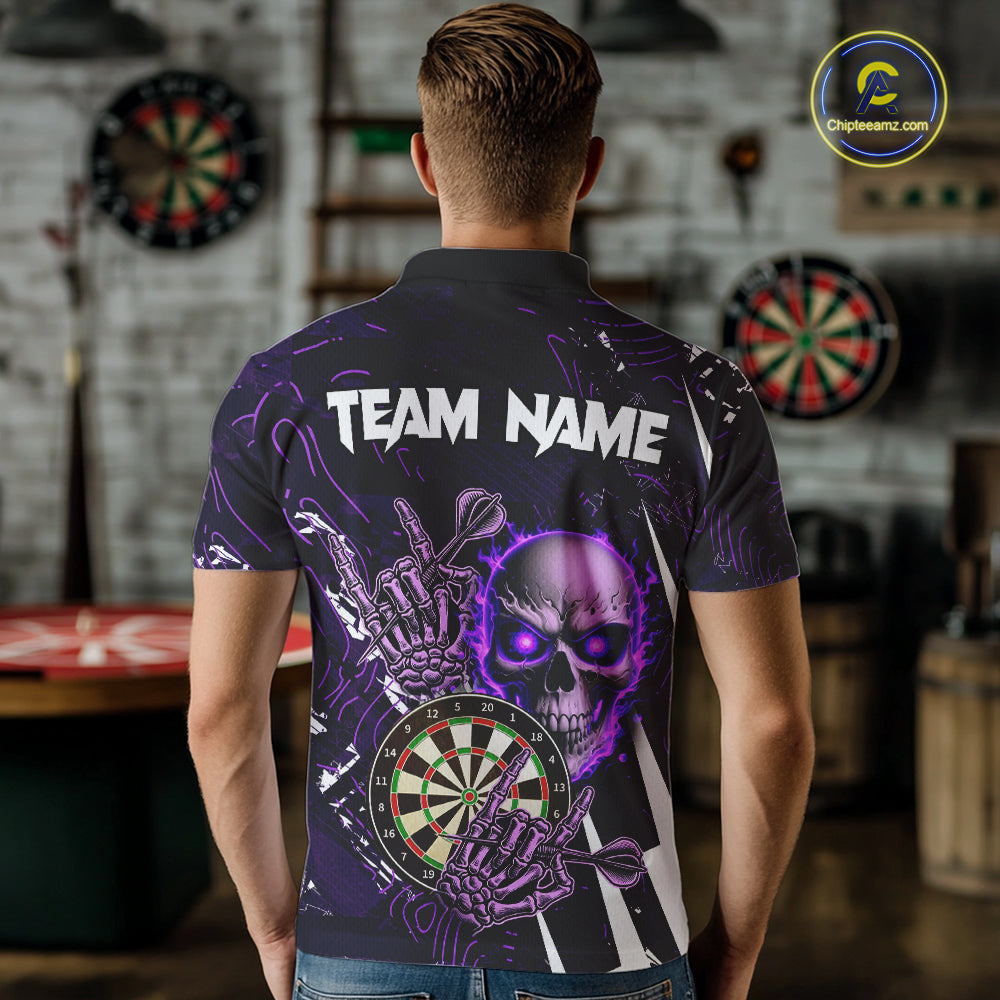Purple 3D Skull Darts Polo & 1/4 Zip For Men Custom Darts League Team Jersey, Best Darts Gifts TDM4830