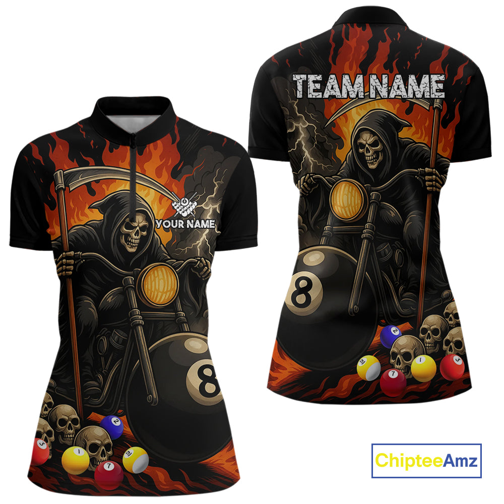 Personalized Grim Reaper Motorcycle Billiards Shirt For Women Custom Funny 8 Ball Pool Team Jersey TDM5263