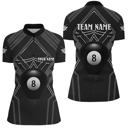 Personalized Black Billiards Jerseys Women Quarter-Zip Shirts, 8 Ball Pool Billiards Outfit TDM1278
