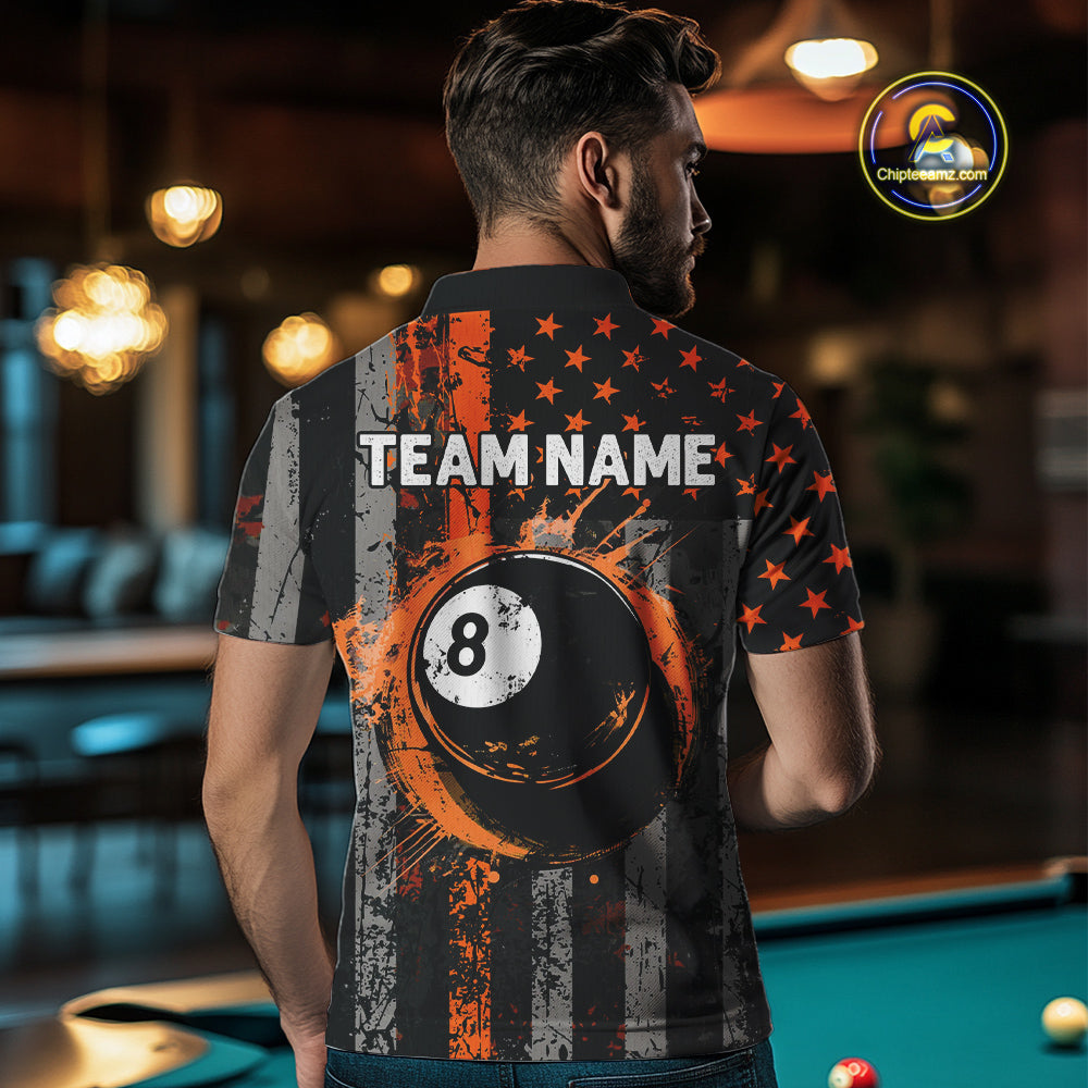 Custom Orange Grunge US Flag Patriotic Billiard Shirts For Men, Retro 8 Ball Pool Billiard Jersey TDM4046