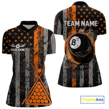 Load image into Gallery viewer, Custom Orange Grunge US Flag Patriotic Billiard Shirts For Women, Retro 8 Ball Pool Billiard Jersey TDM4046