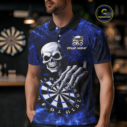 Personalized Blue Funny Skeleton Darts Shirt For Men Custom Skull Darts League Team Jersey TDM4397