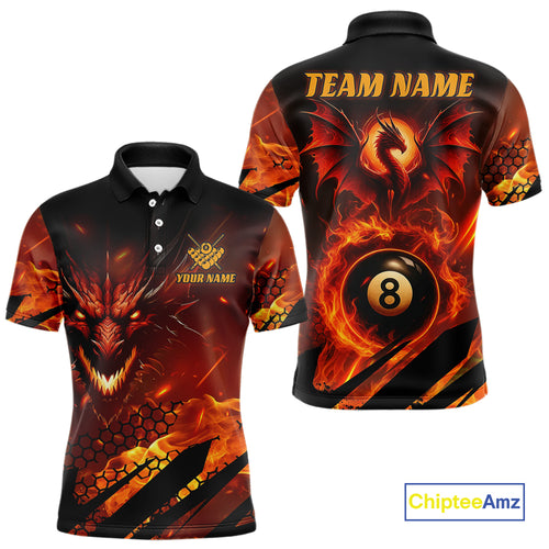 Personalized Orange Flame Dragon 8 Ball Billiard Shirt For Men, Pool Team Jersey Polo & 1/4 Zip TDM4399