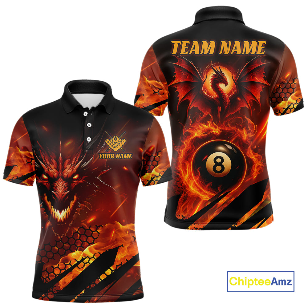 Personalized Orange Flame Dragon 8 Ball Billiard Shirt For Men, Pool Team Jersey Polo & 1/4 Zip TDM4399