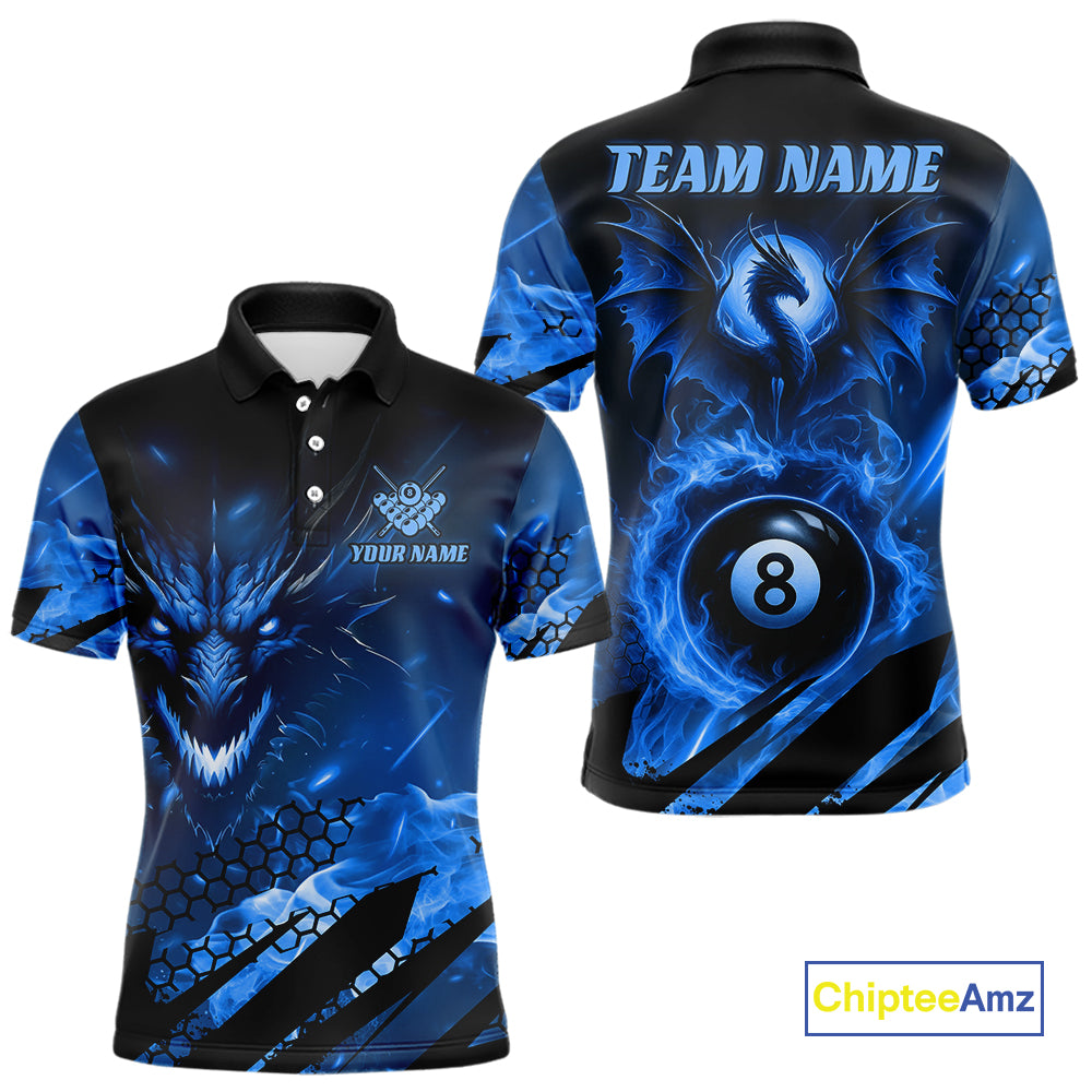 Personalized Blue Fire Flame Dragon 8 Ball Billiard Shirt For Men, Pool Team Jersey Polo & 1/4 Zip TDM4400