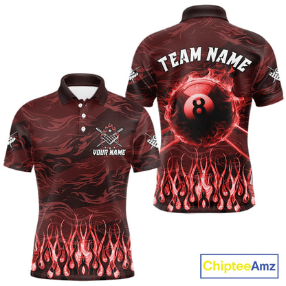 Personalized Red Flaming 8 Ball Pool Fire Billiard Polo Shirt Featuring Dynamic Flame Artwork for Pool League Players, Team Matches, and Tournament Competition