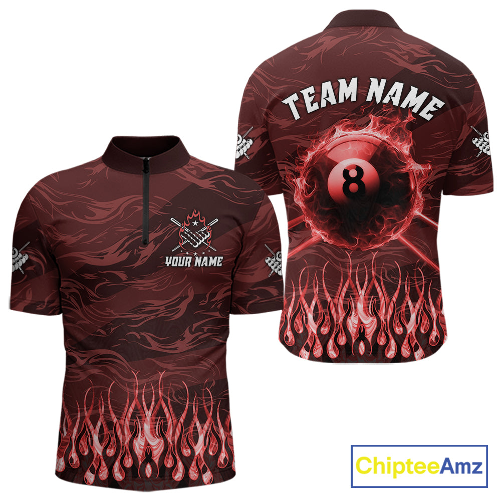 Personalized Red Flaming 8 Ball Pool Fire Quarter Zip Billiard Shirt Created for Pool League Teams with Premium Performance Fabric and Custom Jersey Design