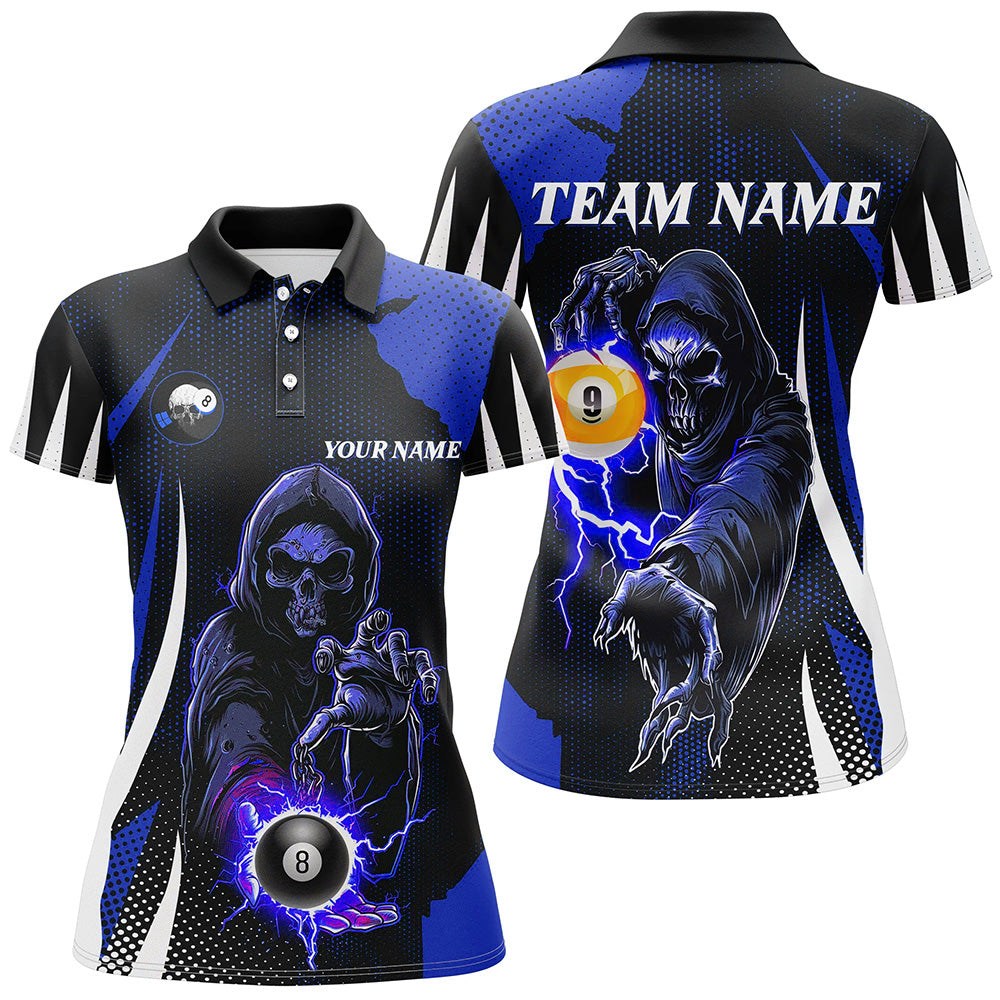 Funny Blue Death Skeleton 8 Ball & 9 Ball Billiard Shirts For Women Custom League Billiard Jerseys TDM2284