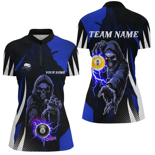 Funny Blue Grim Reaper 8 Ball & 9 Ball Billiard Shirts For Women Custom League Billiard Jerseys TDM2284