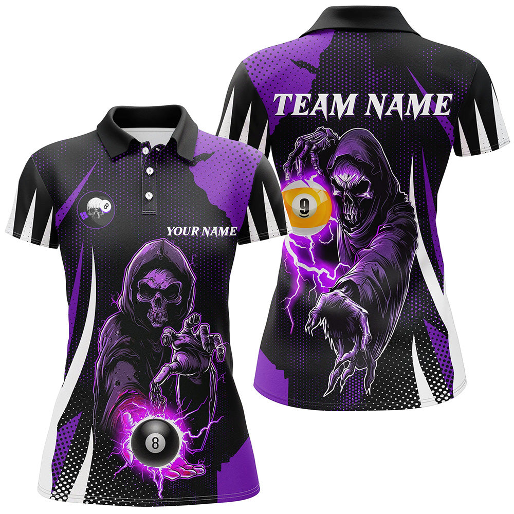 Funny Purple Death Skeleton 8 Ball & 9 Ball Billiard Shirts For Women Custom League Billiard Jerseys TDM2285