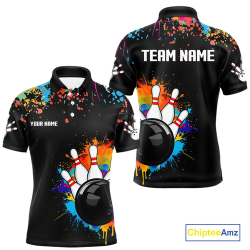 Personalized Colorful Paint Splash Bowling Shirt For Men, Funny Bowling Team Jersey Polo, 1/4 Zip TDM4637