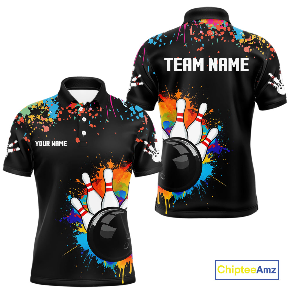 Personalized Colorful Paint Splash Bowling Shirt For Men, Funny Bowling Team Jersey Polo, 1/4 Zip TDM4637
