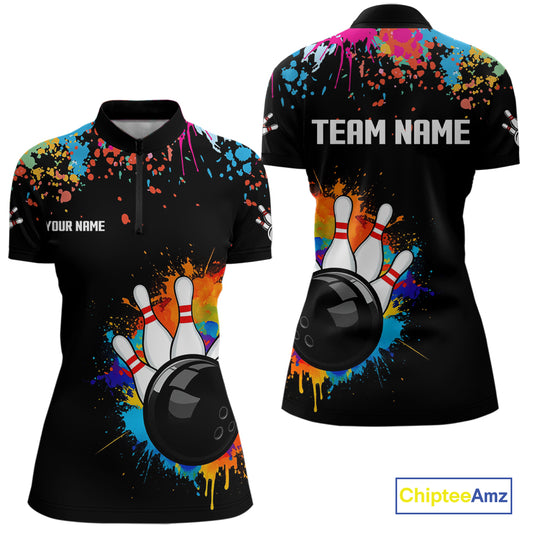 Personalized Colorful Paint Splash Bowling Shirt For Women, Funny Bowling Team Jersey Polo, 1/4 Zip TDM4637