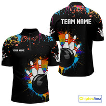 Load image into Gallery viewer, Personalized Colorful Paint Splash Bowling Shirt For Men, Funny Bowling Team Jersey Polo, 1/4 Zip TDM4637