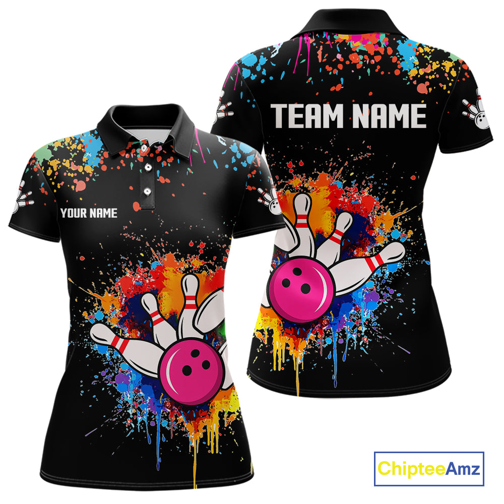 Funny Colorful Bowling Shirt For Women Custom Bowling Team Jersey Outfit Polo & Quarter Zip |Black TDM4638