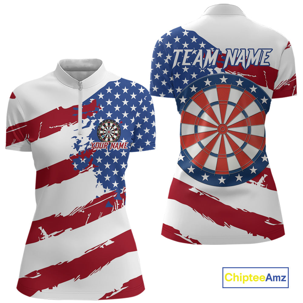 Personalized Dartboard American Flag Darts Shirt For Women, Patriotic Darts Jersey Polo & 1/4 Zip TDM5271