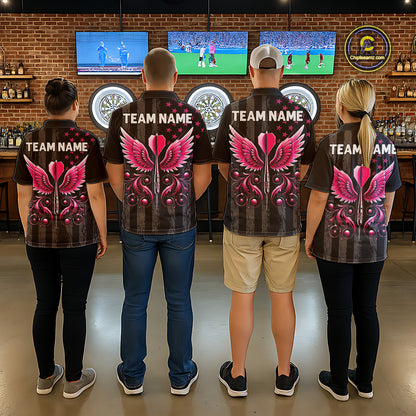 Custom Pink Ribbon Wings Darts Shirt For Women, US Flag Breast Cancer Darts Jersey Polo & 1/4 Zip TDM6377
