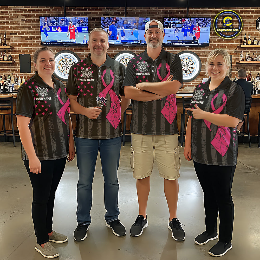 Custom Pink Ribbon Wings Darts Shirt For Women, US Flag Breast Cancer Darts Jersey Polo & 1/4 Zip TDM6377