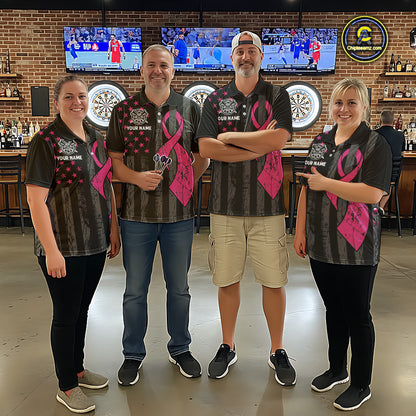 Custom Pink Ribbon Wings Darts Shirt For Women, US Flag Breast Cancer Darts Jersey Polo & 1/4 Zip TDM6377